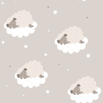 Seamless sheep pattern with clouds and stars. Cute cartoon collection with lamb icons for children good night textile print, repeat clothing, paper