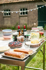 BBQ Outdoor with food preparations. People eating and dining outdoor. Lots of vegetables, fish, and meat.