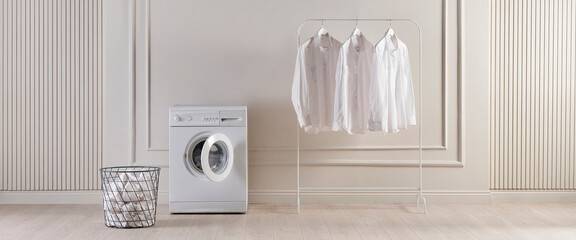 Washing machine clothes in the room concept, cabinet vase of plant and basket style, decorative light brown wall background style.