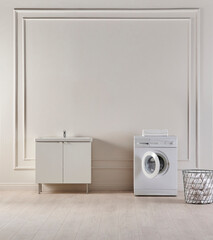 Washing machine clothes in the room concept, cabinet vase of plant and basket style, decorative light brown wall background style.