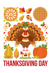 Thanksgiving day geometric poster with turkey, pumpkin in hat, corn, mushrooms, apple pie and leaves. Background, banner, flyer, invitation for promotions, advertising.