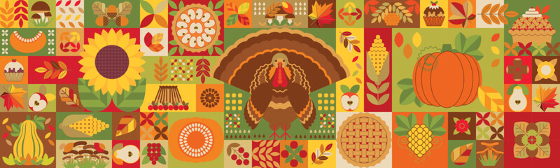 Thanksgiving day geometric mosaic background with symbols of holiday. Autumnal festive modern trendy background, texture, wallpaper, banner, flyer, invitation