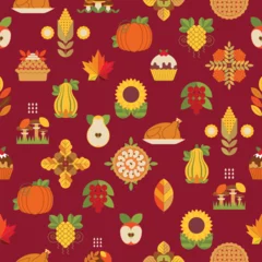 Fototapeten Tanksgiving day geometric seamles pattern with pumpkin, turkey, sunflower, pie, corn, leaves. Autumnal modern background. Wallpaper,  decorative texture for textile, fabric, packaging © Lina_vector