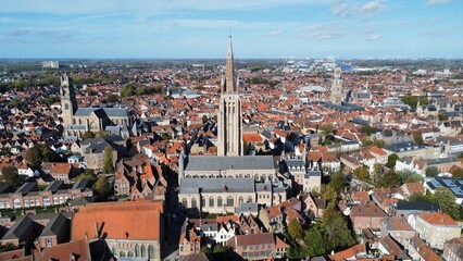 drone photo Eglise notre dame de Bruges, Onze-Lieve-Vrouwekerk Bruges Belgique europe	