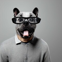 Man with dog head wearing gray sweatshirt  and black glasses - obrazy, fototapety, plakaty