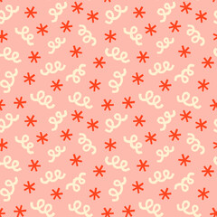 Retro stars and streamers on pastel pink background. Pastel party seamless pattern. Christmas holiday gift wrap design.