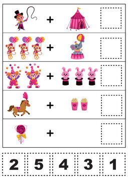 Addition practice sheet for kids in circus theme.