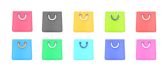 Paper package set 3d render icon - gift package, commerce handbag and cartoon shop bag. Fashion store element