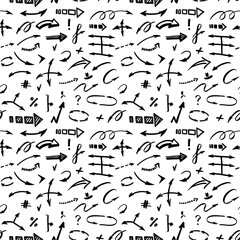 Vector arrow seamless pattern. Hand drawn doodle wavy and curve pointer elements with swirls.
