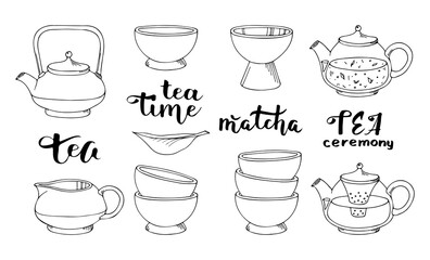 Matcha tea. Vector set of organic tea matcha powder, tea leaves, teapot, macarons, spoon, traditional cup, whisk, tools for Japanese ceremony. Doodle style illustration.