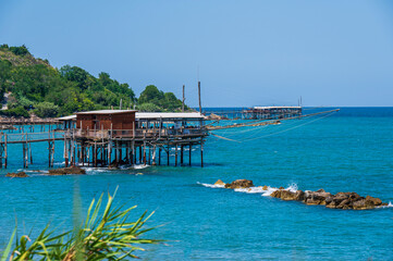 High angle view of beautiful Trabocchi in the beaco of the Abruzzo coast