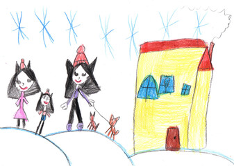 Children play with snow outside christmas tree.Vacation, holiday, New year, Christmas