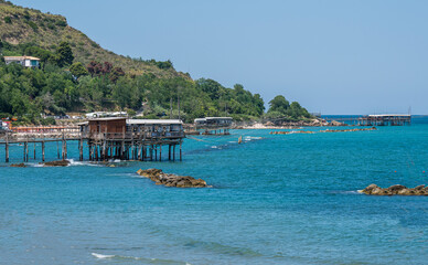 High angle view of beautiful Trabocchi in the beaco of the Abruzzo coast