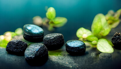 Obraz na płótnie Canvas Wellness green plants with black stones and blue water. Background for wellness, relaxation, health and recreation. Wallpaper Background Header Illustration