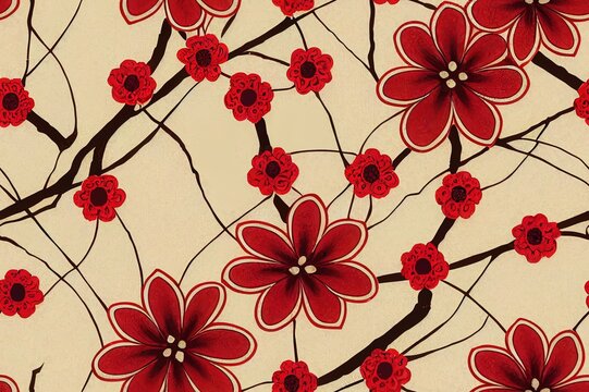 Katazome floral seamless border. Traditional Japanese technique using a katagami stencil. Oriental ornamental pattern. Shibori arranged in small dots to form a flower branch border design.