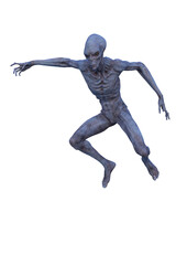 3D illustration of a blue grey skinned alien creature jumping.