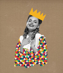 Art collage or design of happy princess in crown in magazine style. Young smiling girl or abstract...