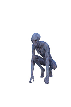 3D illustration of a blue grey skinned alien creature squatting.