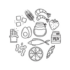 Food Allergens. Allergen Products Collection. Vector illustration. Allergy. Doodle style. Allergen fish, egg, honey, gluten, milk.