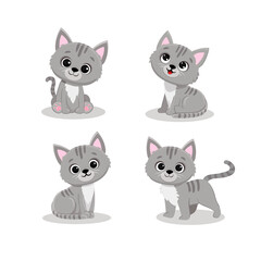 Set of funny cartoon cats.Cute gray kitten in different poses.