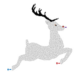 Vector Illustration of Maze Puzzle Game for Children with Deer Renifer character . Maze inside contour of Renifer. Labirynth with two entries and one exit. Wnter holidays leisure, kids activity. © I_love_life