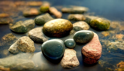 Wellness illustration with stones and water. Background for wellness, relaxation, health and recreation. Wallpaper background header