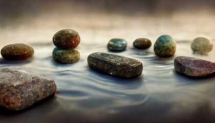 Wellness illustration with stones and water. Background for wellness, relaxation, health and recreation. Wallpaper background header