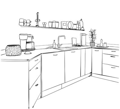 Kitchen interior drawing, vector illustration. Food and drink