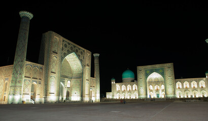 View of Registan square in Samarkand - the main square with Ulugbek madrasah, Sherdor madrasah and Tillya-Kari madrasah at sunset. Uzbekistan