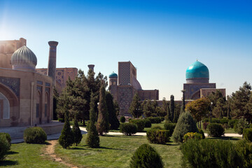 Panorama of Samarkand, Uzbekistan. Parks and pedestrian streets are visible. 15th century Bibi Khanym historical complex is visible in distance - 541450224