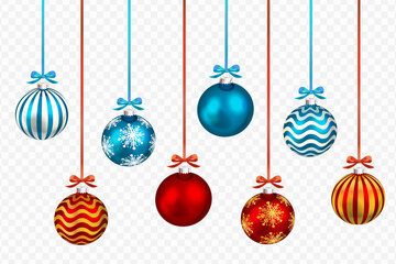 Set of realistic vector christmas ornaments, red and blue, on transparent background.