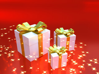 3d illustration of christmas gifts with light halo on red background