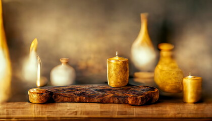 Fototapeta na wymiar Wooden table with golden candles and decoration with blurred background. Digital art and Concept digital illustration.