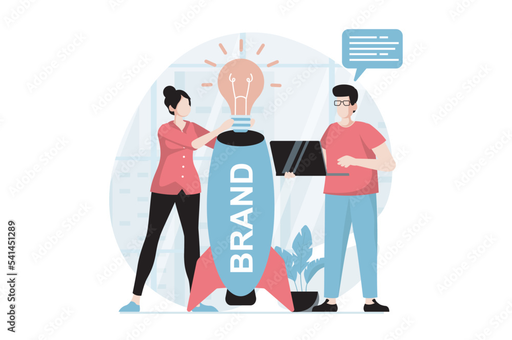 Poster Branding team concept with people scene in flat design. Man and woman creating new ideas and corporate Identity for company, launching startup. Vector illustration with character situation for web