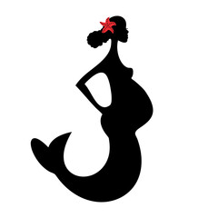 Young beautiful mermaid. A pregnant woman. Black silhouette. A design element. Vector illustration highlighted on a white background. Template for books, stickers, posters, postcards, clothes.