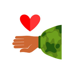 Hand in camouflage holds a heart. A symbol of care and protection. Symbol of life