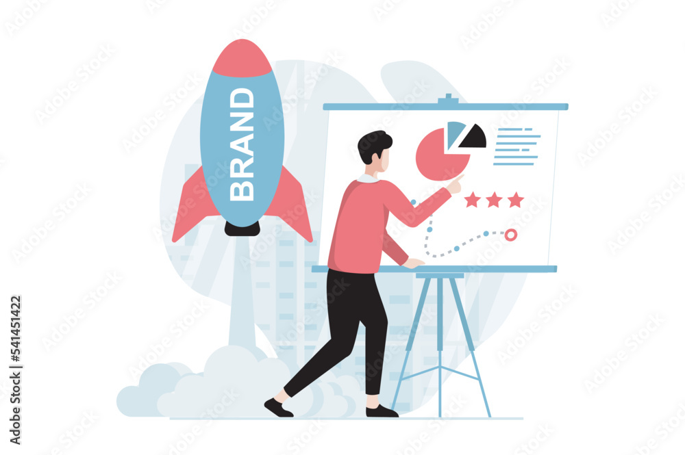 Poster branding team concept with people scene in flat design. man analyzing data and planning business str