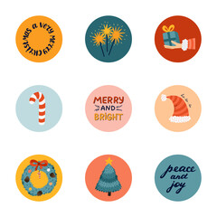 Cute highlights for different social media, bloggers, companies about Merry Christmas, winter, holiday, New Year. Set for social media with vector hand drawn clipart illustrations in bright palette.
