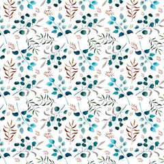 seamless watercolor pattern with flowers - blue and red branches composition on white background, stylish and transparent flowers, perfect for wallpapers, postcards, wrappers, wedding celebrations. 