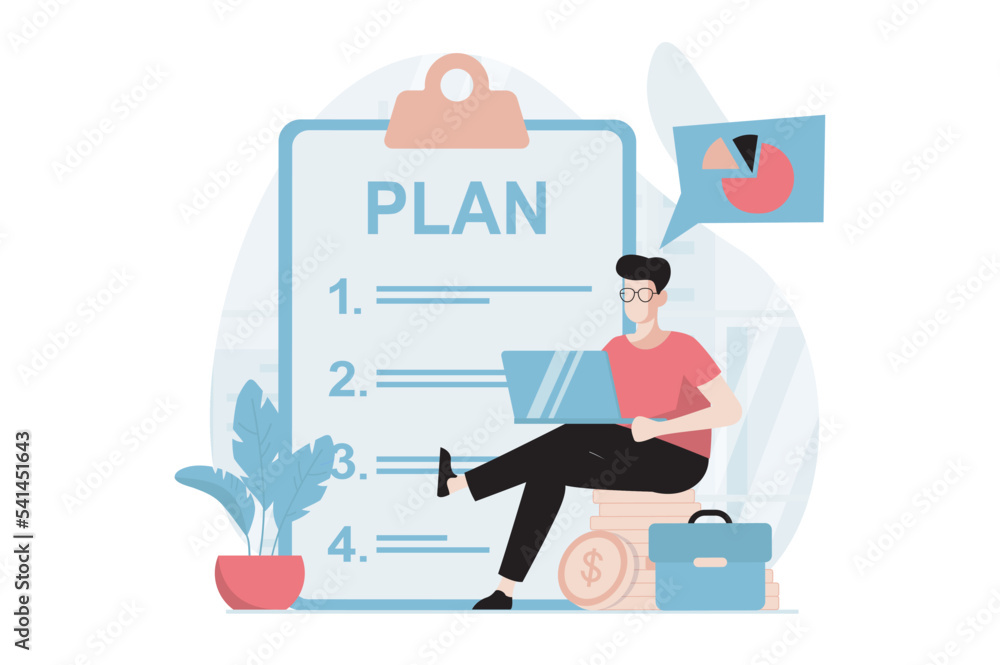 Leinwandbilder business making concept with people scene in flat design. businessman analyzes data and makes checkl