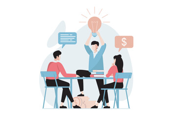 Business making concept with people scene in flat design. Colleagues generate new ideas and solutions on brainstorming meeting in conference room. Vector illustration with character situation for web