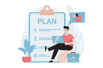 Business making concept with people scene in flat design. Businessman analyzes data and makes checklist with development plan and strategic tasks. Vector illustration with character situation for web