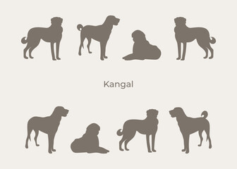 Kangal Shepherd silhouettes. Cute kangal dogs characters in various poses, design for print, cute cartoon vector set, in different poses. One color design. Big large dog.