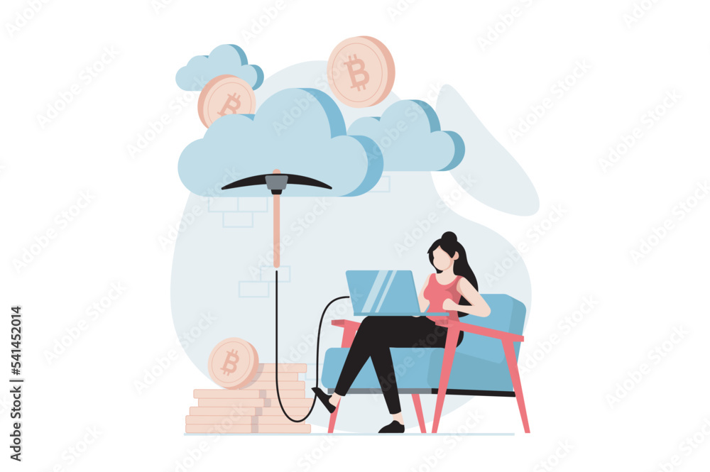 Aufkleber cryptocurrency mining concept with people scene in flat design. woman miner mines bitcoin and other 