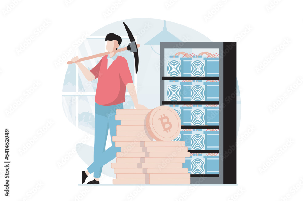 Poster Cryptocurrency mining concept with people scene in flat design. Man with pickaxe stands near stack of bitcoin coins at mining farm hardware. Vector illustration with character situation for web