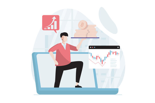 Cryptocurrency mining concept with people scene in flat design. Man miner mines bitcoin coins using laptop and analyzes exchange data for selling. Vector illustration with character situation for web