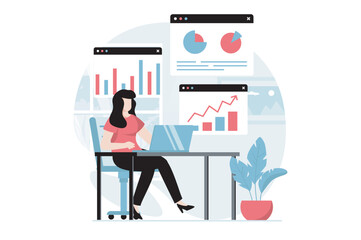 Data analysis concept with people scene in flat design. Woman researching statistics in diagrams and graphs, works with information on screens. Vector illustration with character situation for web