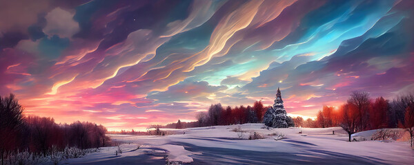 Kleurrijk winterlandschap met sneeuw en dennenbossen als kerstbehang
