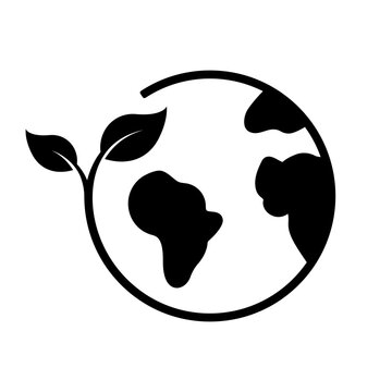 Earth Eco with Plant Silhouette Icon. Ecology Planet and Leaf Glyph Pictogram. Save Ecological Green World Icon. Nature Care Concept. Environmental Conservation. Isolated Vector Illustration