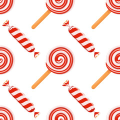 Seamless pattern of colorful striped lollipops on a stick and wrapped candies. Bright creative minimal geometric Christmas art. Vector background for fabric, scrapbook paper, textile, print, wallpaper